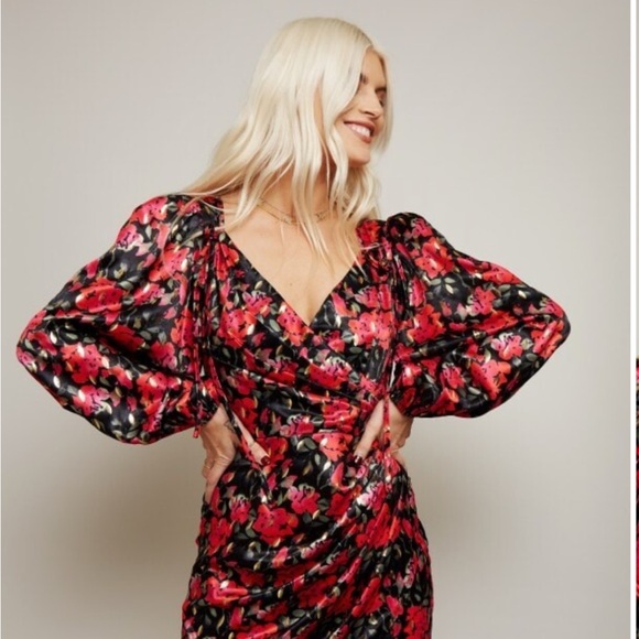 Little Mistress Lucia Midi Floral-Print Gold Foil Satin Dress Size 10 - Picture 2 of 8